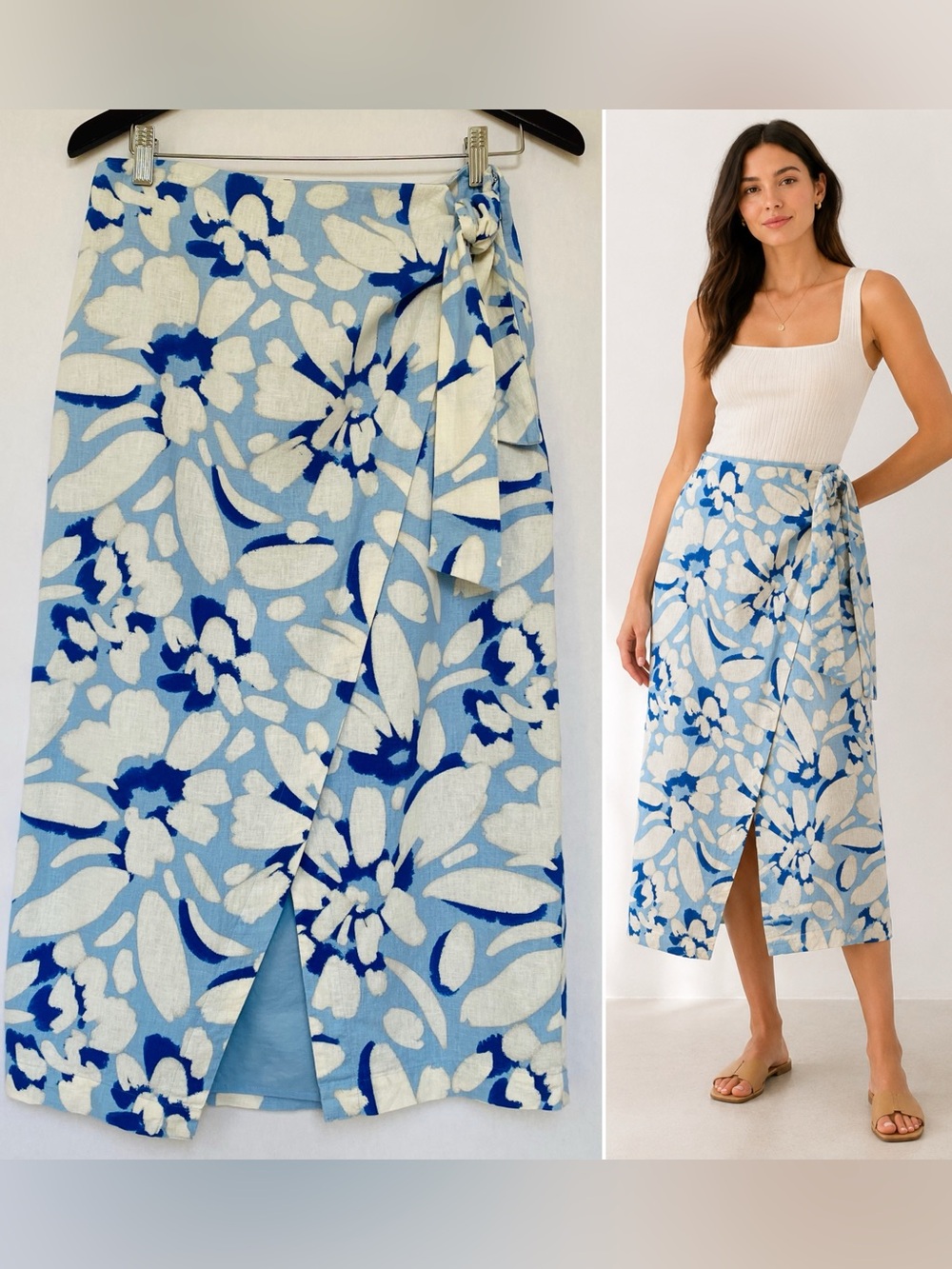 LOFT Linen Blend Faux Wrap Midi Skirt Blue Bold Floral Print Coastal Resort 4